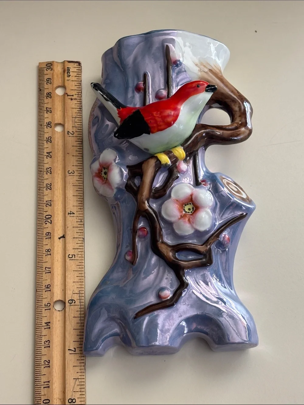 Vintage Japanese Lusterware Bird Wall Pocket Vase Red Bird Cherry Blossom/Branch